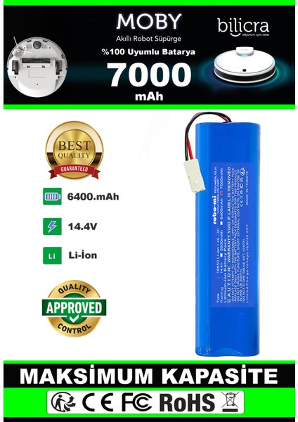 Bilicra Moby Akıllı Robot Süpürge Uyumlu Batarya 7000 Mah (Maksimum Kapasite)