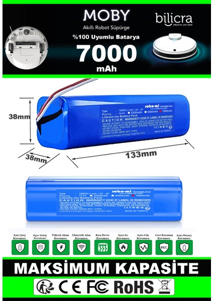 Bilicra Moby Akıllı Robot Süpürge Uyumlu Batarya 7000 Mah (Maksimum Kapasite)