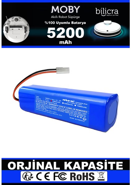 Bilicra Moby 5200mAh Robot Süpürge Bataryası - Gerçek Kapasite, Maksimum Güvenlik