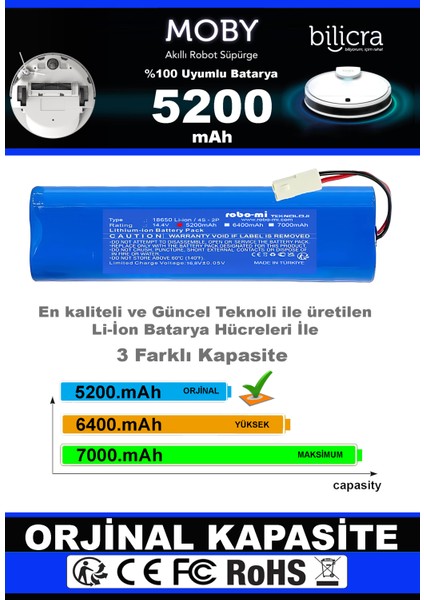 Bilicra Moby 5200mAh Robot Süpürge Bataryası - Gerçek Kapasite, Maksimum Güvenlik fiyatları