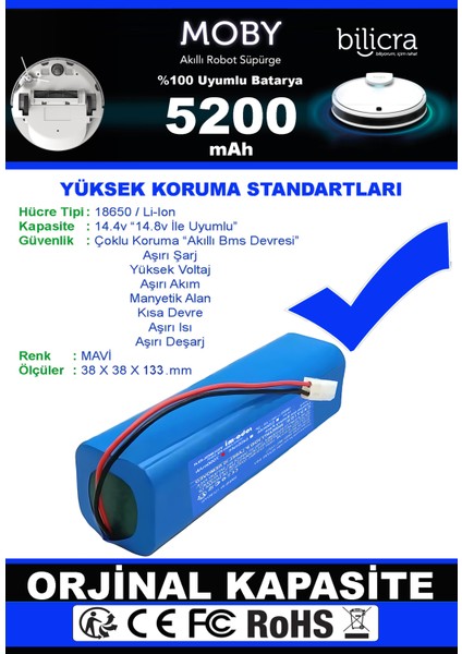 Bilicra Moby 5200mAh Robot Süpürge Bataryası - Gerçek Kapasite, Maksimum Güvenlik
