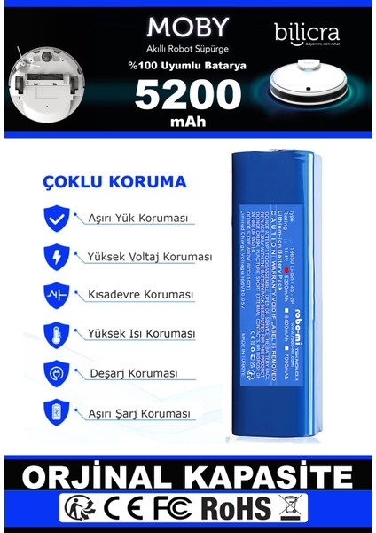 Bilicra Moby 5200mAh Robot Süpürge Bataryası - Gerçek Kapasite, Maksimum Güvenlik