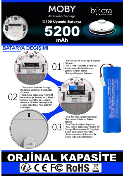 Bilicra Moby 5200mAh Robot Süpürge Bataryası - Gerçek Kapasite, Maksimum Güvenlik