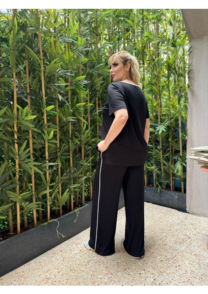 Kadın Büyük Beden Damla Yaka Detaylı Ince Biye Şeritli Esnek Eşofman Takımı 24761 indirimleri