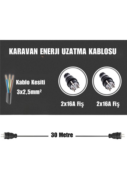 Karavan Elektrik Girişi Uzatma Kablosu 30 Metre 2x16A Fiş - 2x16A Fiş fiyatları