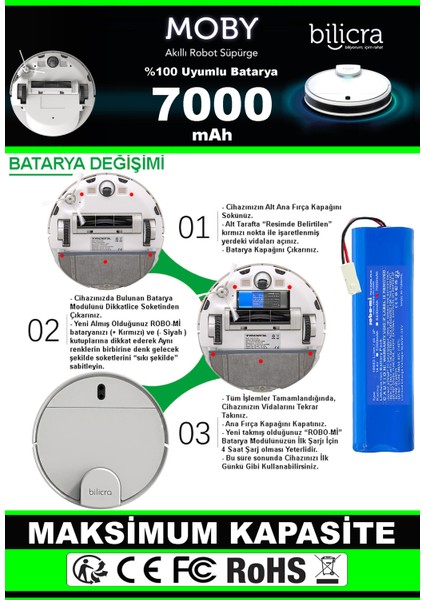 Bilicra Moby Akıllı Robot Süpürge Uyumlu Batarya 7000 Mah (Maksimum Kapasite)
