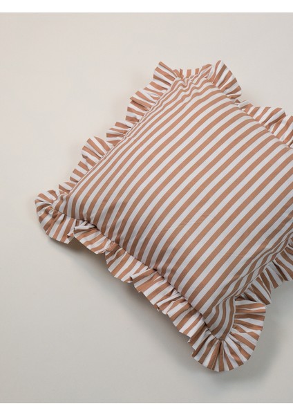 %100 Organik Pamuk Kahverengi - Beyaz Çizgili Fırfırlı Kırlent Kılıfı fiyatları