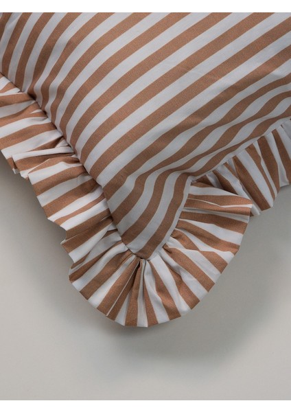 %100 Organik Pamuk Kahverengi - Beyaz Çizgili Fırfırlı Kırlent Kılıfı modelleri