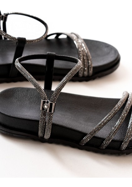 1001-1100 Siyah Platin Taşlı Günlük Kadın Sandalet fiyatları