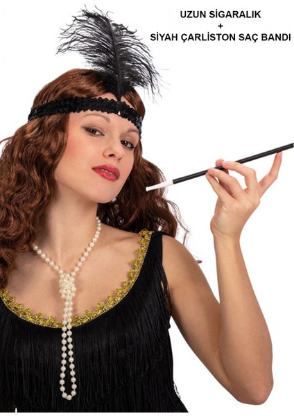 1920&#39;LER Gatsby Aksesuar Seti – Siyah Charleston Saç Bandı & Sigaralık
