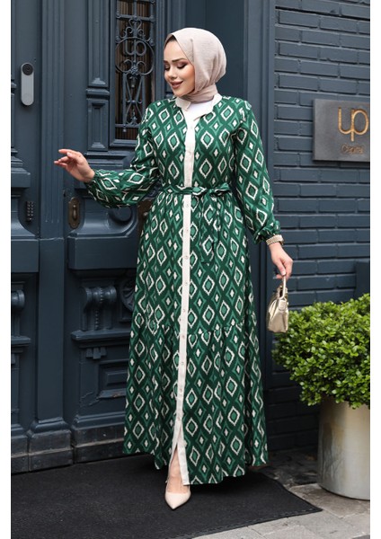 Desenli Yeşil Tesettür Elbise 23924Y