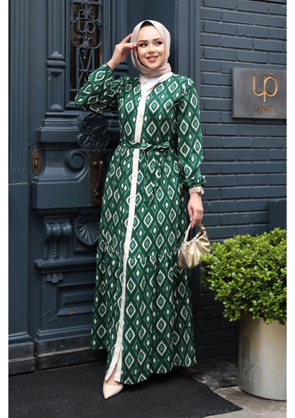 Desenli Yeşil Tesettür Elbise 23924Y fiyatları