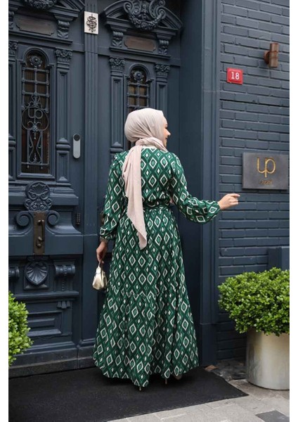 Desenli Yeşil Tesettür Elbise 23924Y modelleri