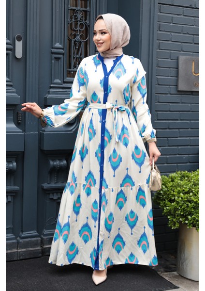 Desenli Sax Mavisi Tesettür Elbise 23926SX