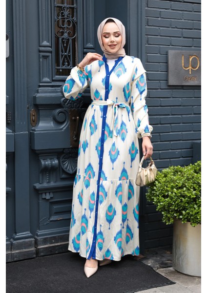 Desenli Sax Mavisi Tesettür Elbise 23926SX fiyatları