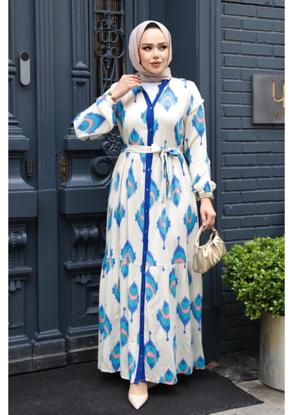 Desenli Sax Mavisi Tesettür Elbise 23926SX modelleri