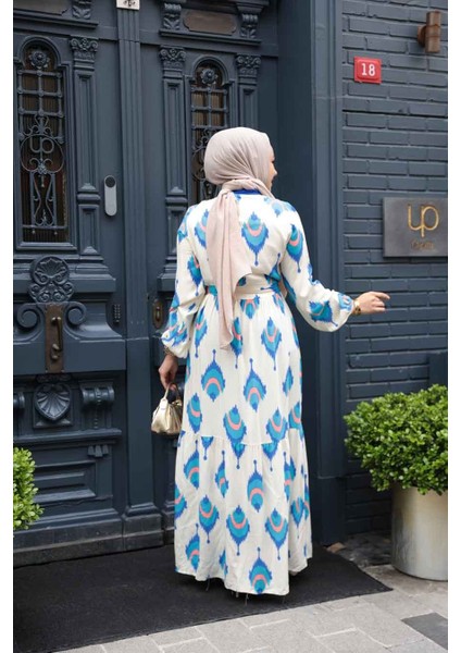 Desenli Sax Mavisi Tesettür Elbise 23926SX fırsatları