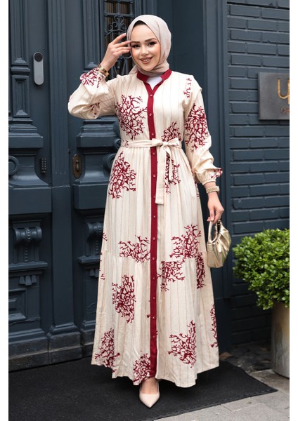 Desenli Bordo Tesettür Elbise 23925BR