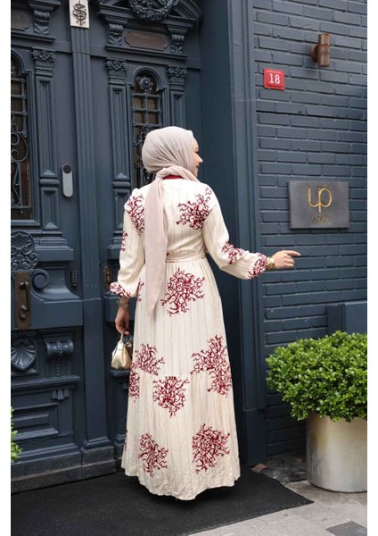 Desenli Bordo Tesettür Elbise 23925BR