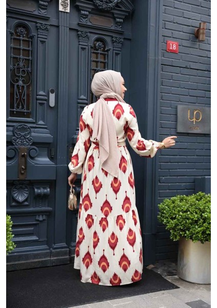 Desenli Bordo Tesettür Elbise 23926BR fırsatları