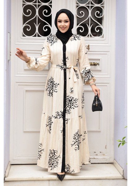 Desenli Siyah Tesettür Elbise 23925S