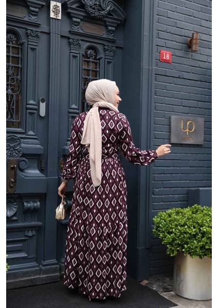 Desenli Mürdüm Tesettür Elbise 23924MU
