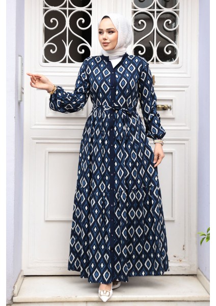 Desenli Lacivert Tesettür Elbise 23924L