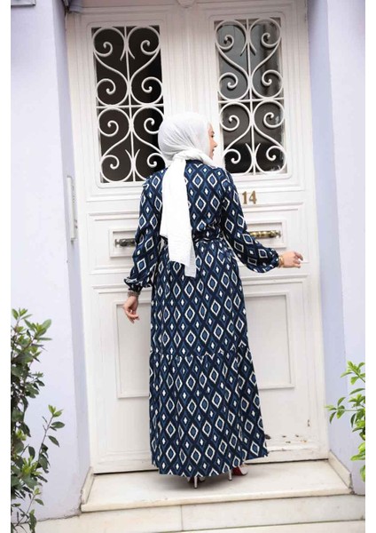Desenli Lacivert Tesettür Elbise 23924L modelleri