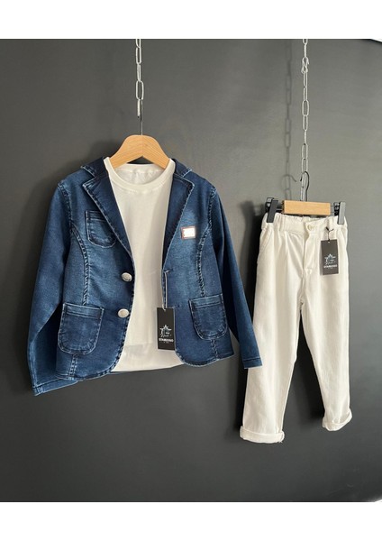 Erkek Çocuk Denim Blazer Ceket ve Keten Pantolon Takım (3 Parça)