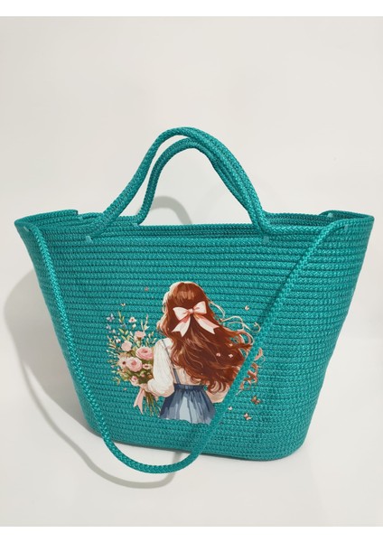 Beach Handmade Kadın Omuz Çantası, Kadın Plaj Kol Çantası, Tasarım Turkuaz Baskılı Hediyelik Çanta modelleri