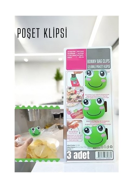 Sevimli Poşet Klipsi Kurbağa 3 Adet Ataç