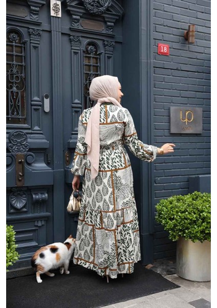 Desenli Haki Tesettür Elbise 23928HK