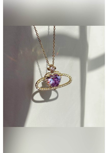 316L Çelik Gold Renk Zirkon Taşlı Satürn Pembe Kalp Model Kadın Kolye indirimleri