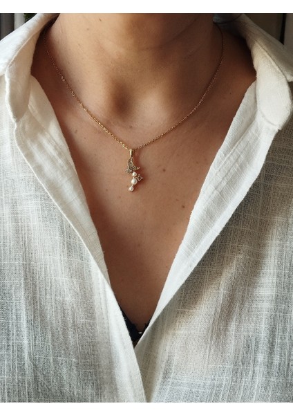 Zirkon Ay Charm'lı, Çelik Zincir Kadın Kolye modelleri