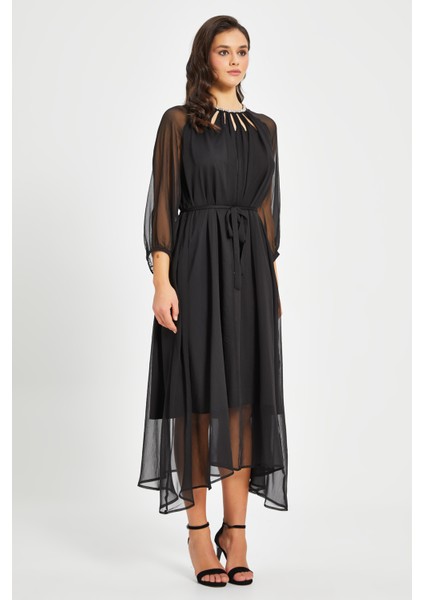 Kadın Şifon Elbise – Transparan Kol, Kuşaklı, Astarlı Midi Boy,