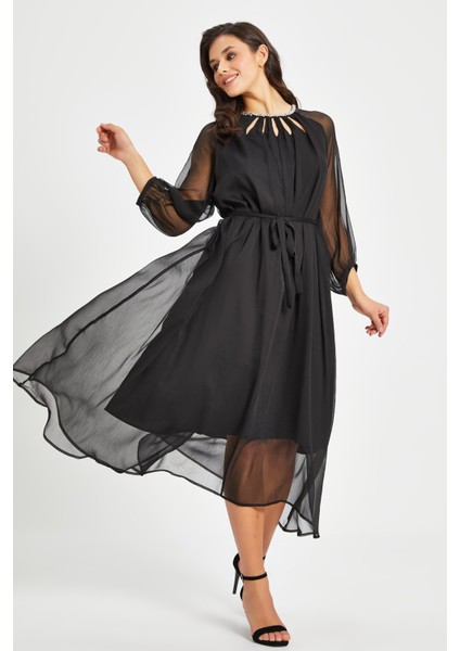 Kadın Şifon Elbise – Transparan Kol, Kuşaklı, Astarlı Midi Boy, fiyatları