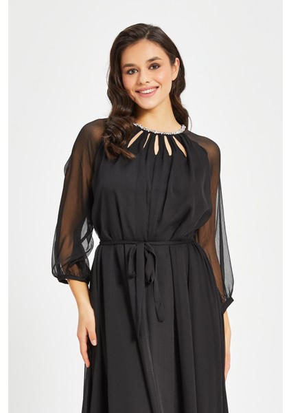 Kadın Şifon Elbise – Transparan Kol, Kuşaklı, Astarlı Midi Boy, modelleri