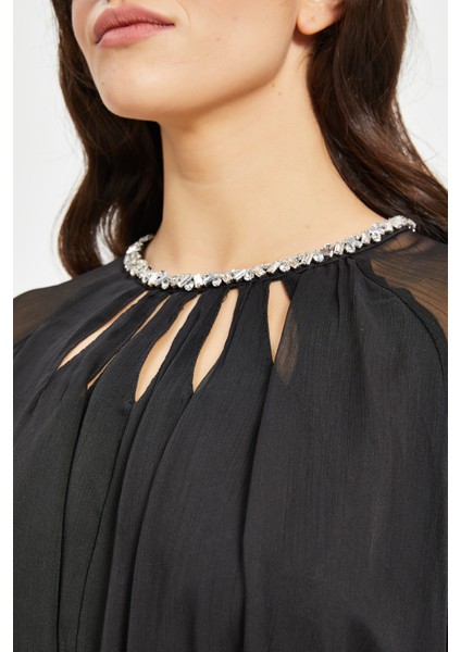 Kadın Şifon Elbise – Transparan Kol, Kuşaklı, Astarlı Midi Boy, fırsatları