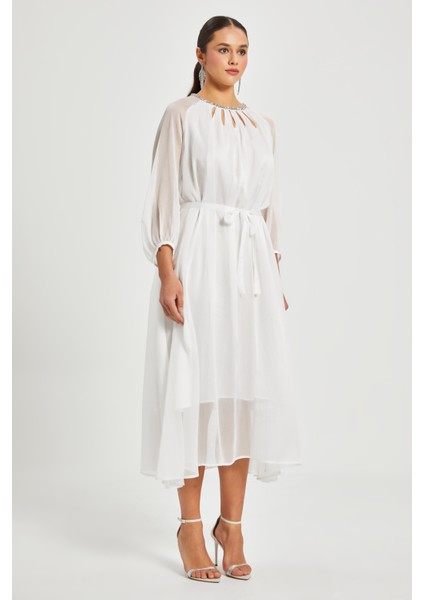 Kadın Şifon Elbise – Transparan Kol, Kuşaklı, Astarlı Midi Boy,