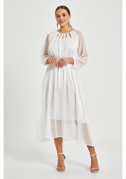 Kadın Şifon Elbise – Transparan Kol, Kuşaklı, Astarlı Midi Boy, fiyatları