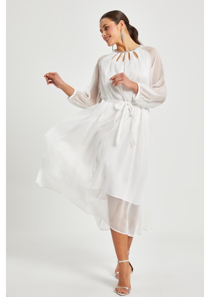 Kadın Şifon Elbise – Transparan Kol, Kuşaklı, Astarlı Midi Boy, modelleri