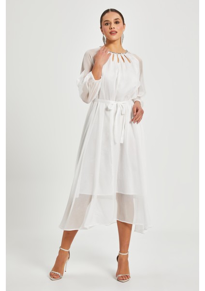 Kadın Şifon Elbise – Transparan Kol, Kuşaklı, Astarlı Midi Boy, indirimleri