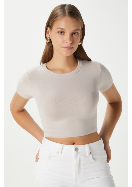 Kadın Deal Lux Touch Yumuşak Doku Crop Bej Bluz