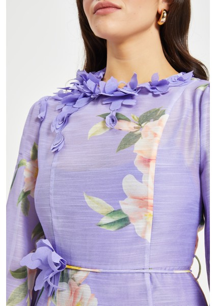 Kadın Çiçek Desenli Aplikeli Elbise – Uzun Kol, Kemerli fırsatları