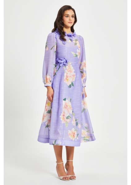 Kadın Çiçek Desenli Aplikeli Elbise – Uzun Kol, Kemerli
