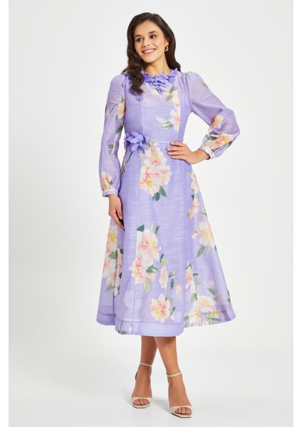 Kadın Çiçek Desenli Aplikeli Elbise – Uzun Kol, Kemerli fiyatları