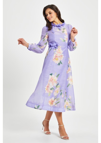 Kadın Çiçek Desenli Aplikeli Elbise – Uzun Kol, Kemerli modelleri