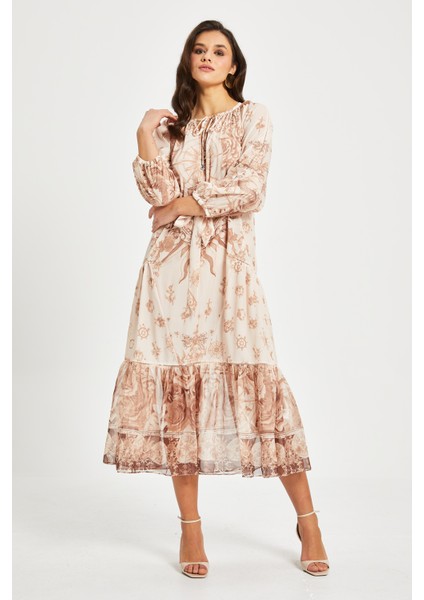 Kadın Kuşaklı Desenli Elbise – Büzgü Yaka, Volan Etek, Astarlı modelleri