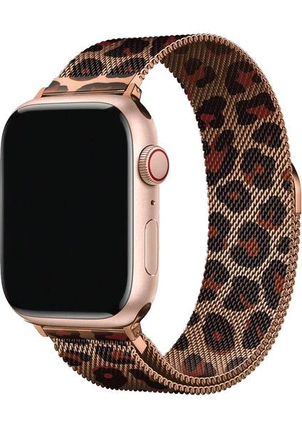Apple Watch 7 8 9 41MM 10 42MM Leopar Desenli Kordon Milano Loop Metal Kordon