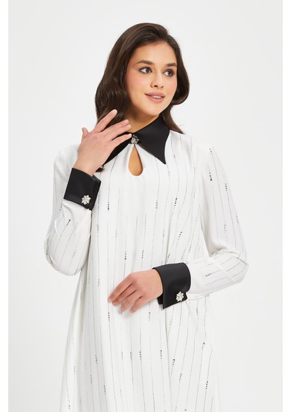 Kadın Taş Detaylı Uzun Elbise – Kontrast Yaka ve Manşetli, Düz Kesim modelleri